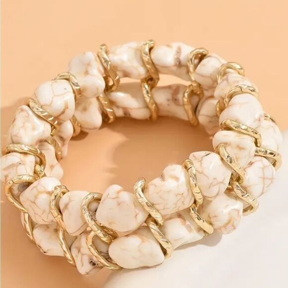 Stone bead stretch bracelet white and gold - Picture 5 of 9